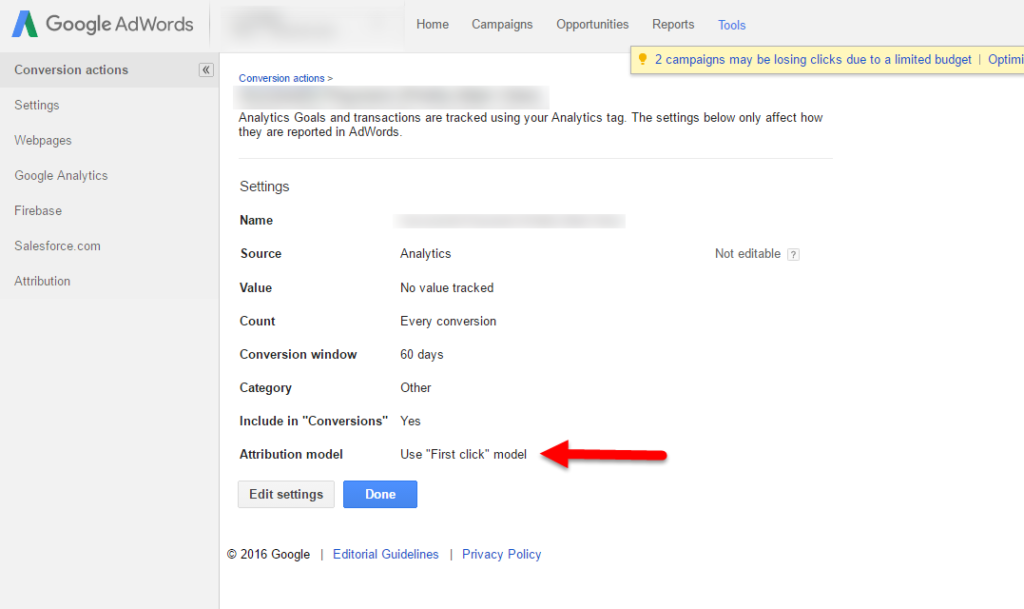adwords conversion tracking first click attribution model